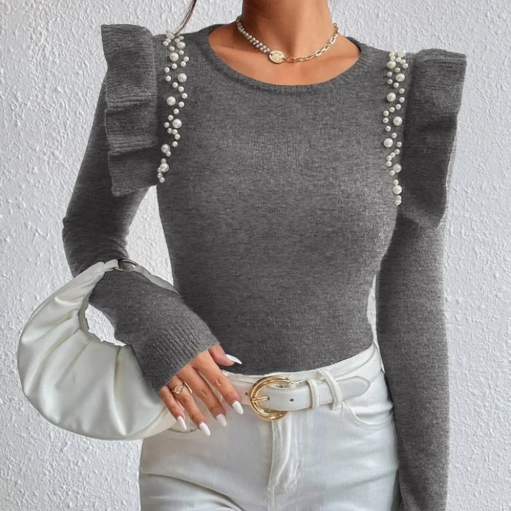 Pearl Beaded Ruffle Trim Sweater top gray
